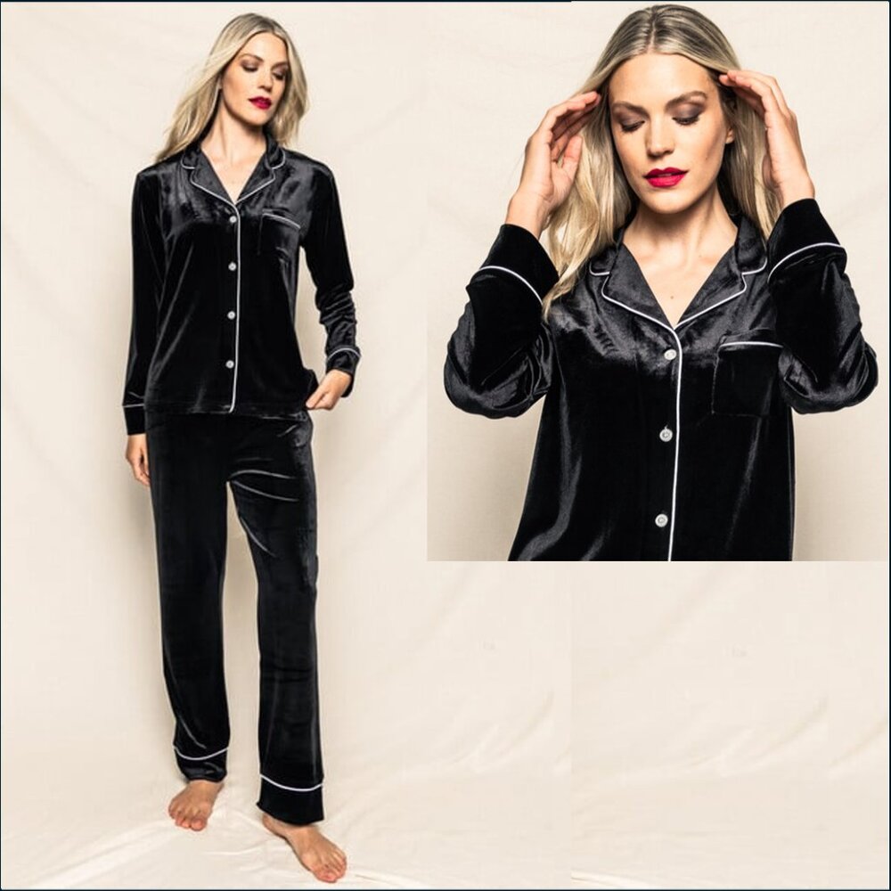 NWT Petite Plume Cabaret Luxury Velour Long Sleeve Pajama Set, Black, Large